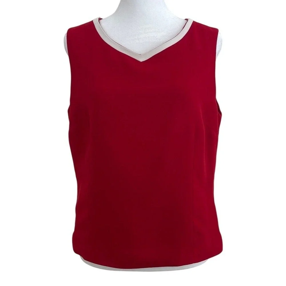Kasper Petite Red V-Neck Sleeveless Shell Top Blouse Side Zip Size 10P